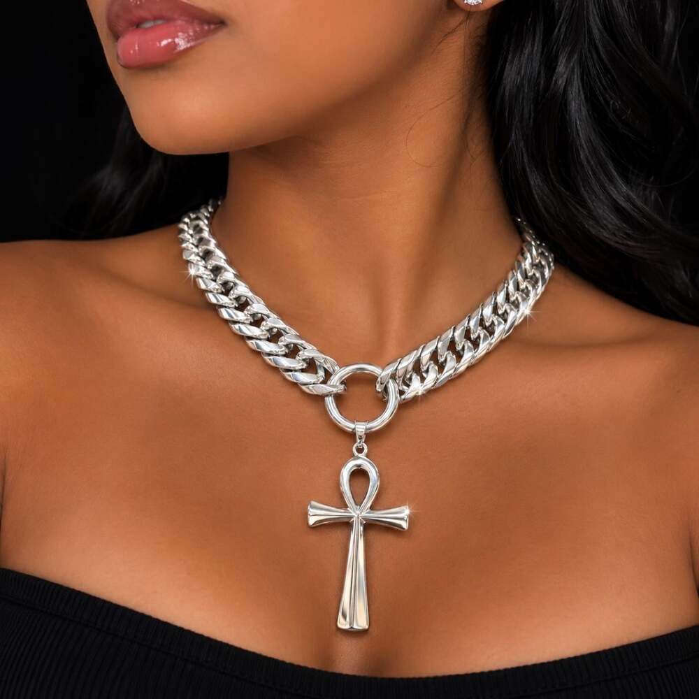 Silver Ankh Pendant Necklace – Cuban Link Chain | Gothic & Grunge Style | 16”